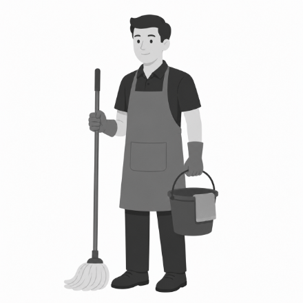 Schoonmaakmedewerker met mop en emmer